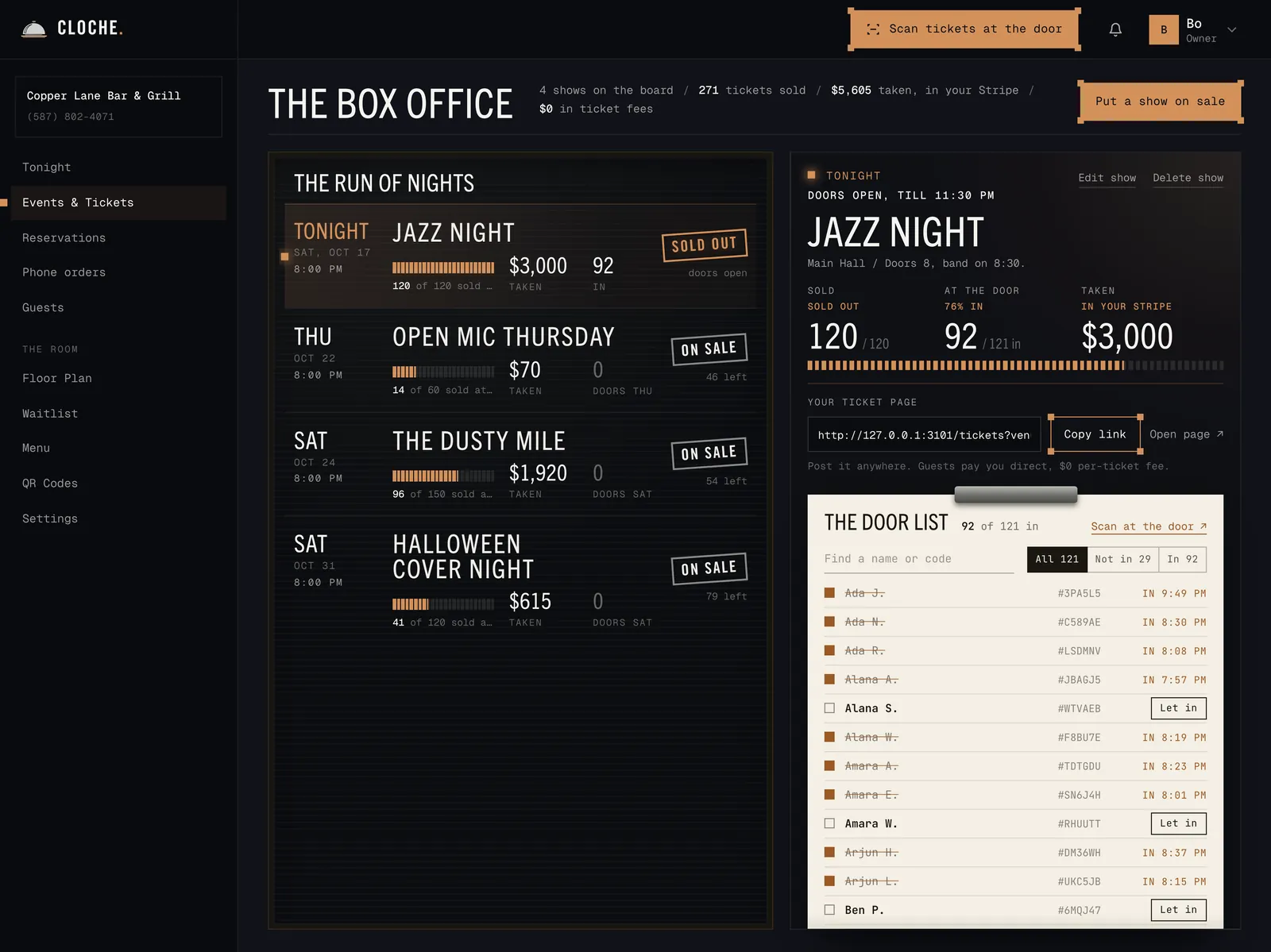 The box office: Jazz Night sold out tonight with $3,000 taken and 92 in, Open Mic Thursday, The Dusty Mile and Halloween Cover Night on sale