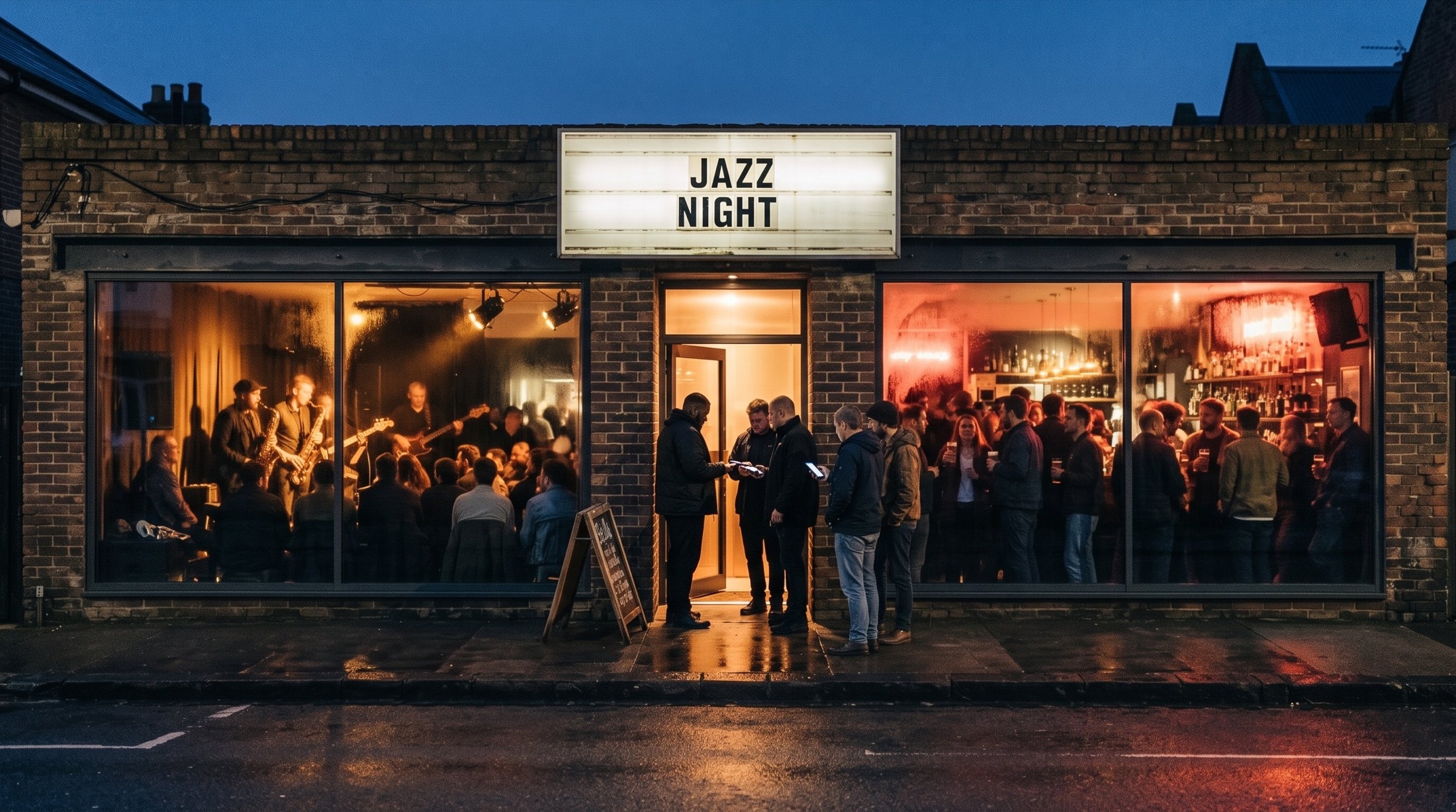 A bar and grill on a band night at blue hour, seen from across the wet street: a JAZZ NIGHT marquee over the open door, a queue of guests holding their phones at the door, the band and a packed room glowing in the windows either side