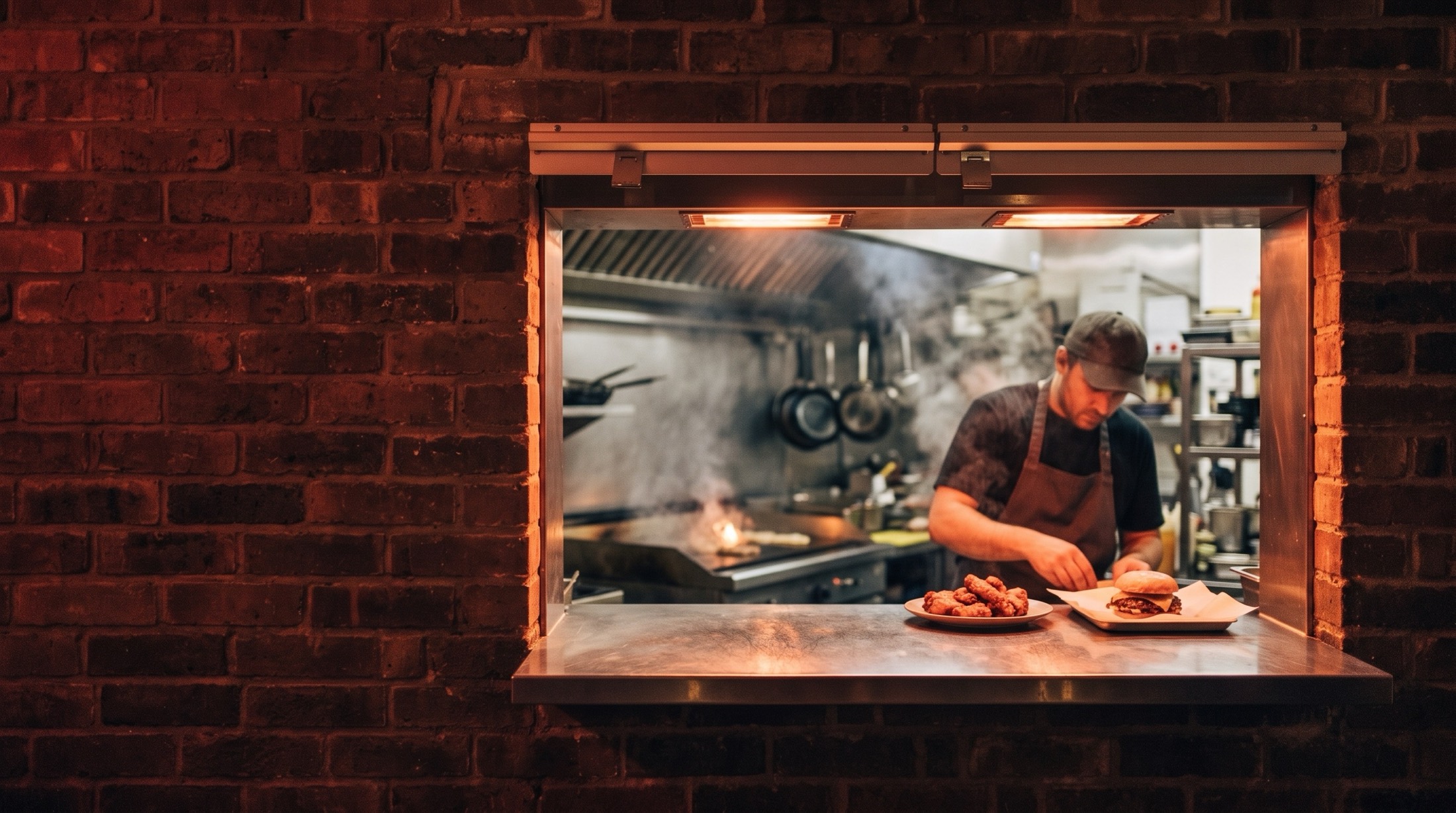 The kitchen pass in the back wall of the bar: a steel shelf under heat lamps, a cook plating buffalo wings and a smash burger
