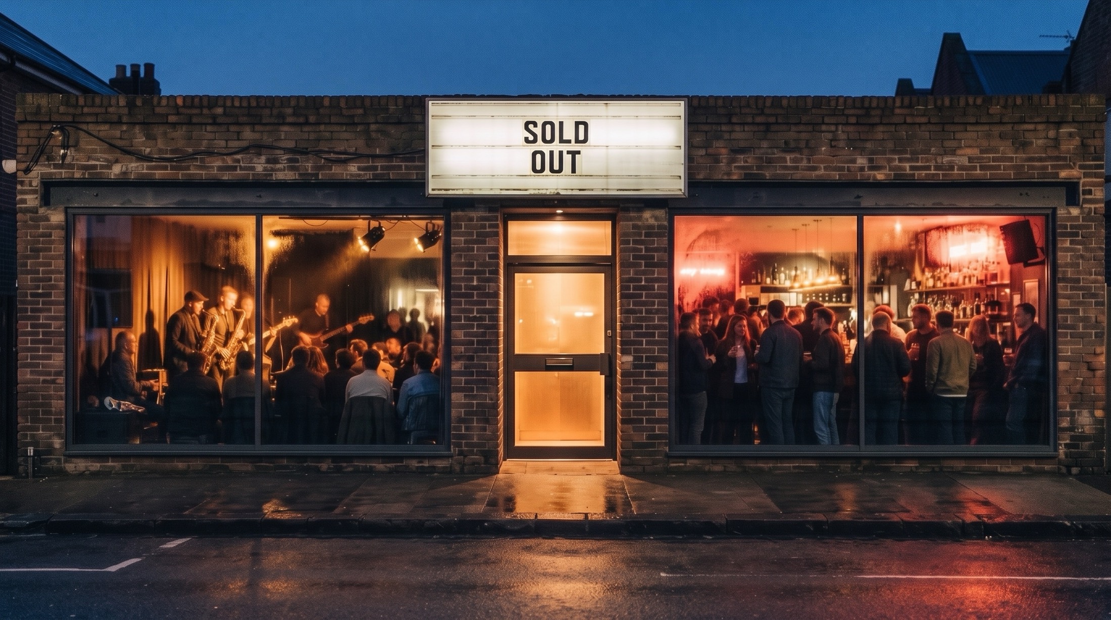 The same bar the next Saturday at blue hour, SOLD OUT on the marquee, the door shut on a packed room and the band playing